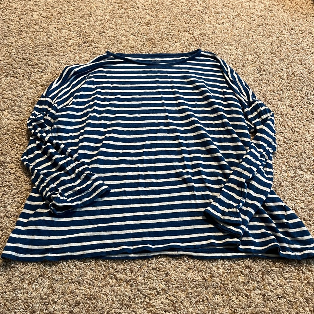 J. Crew Navy and White Striped Boatneck Long Sleeve Linen Tee